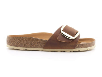 Birkenstock Madrid ciabatte pelle cognac big buckle oro